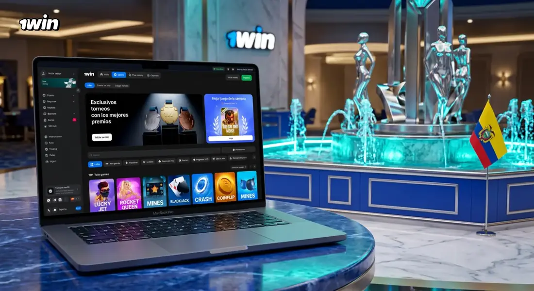 Laptop con el lobby de 1win en un salón de casino con una fuente iluminada y la bandera de Ecuador